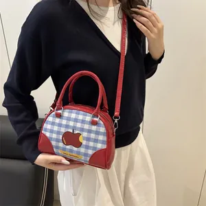 Chic 2025 small square crossbody bag with red leather and blue gingham apple pattern