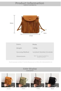 Größentabelle für Wildleder-Fransentasche mit Maßen, Gewicht und Farbauswahl im Detail
