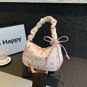 Women Sweet Cute Cartoon Bear Floral Print Underarm Bag Quilted Ruched Handle Shoulder Bag With Bow Korean Style Bag