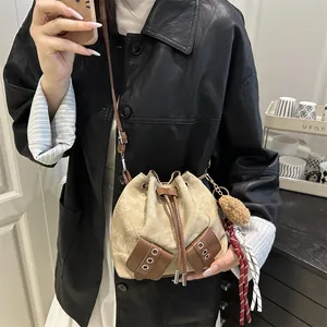 Women's Retro Denim Canvas Patchwork Bucket Bag Drawstring Crossbody Bag With Plush Bear Charm Casual Shoulder Bag
