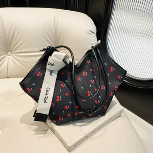 Grand Sac Cabas Femme Imprimé Pois Et Cerises En Cuir PU Et Tissu Sac À Main Porté Épaule Pour Shopping Quotidien Voyage Décontracté