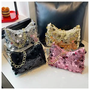 Sparkly sequin hobo bag with gold chain strap in silver, gold, black and pink colors