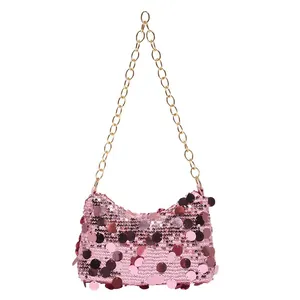 Pink sequin hobo bag with gold chain strap, luxury glitter evening shoulder handbag