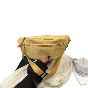 Minimalist yellow corduroy waist bag with adjustable strap for casual outdoor sports