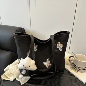 Women Large Capacity PU Leather Tote Bag With Butterfly Embroidery Cute Cloud Charm Shoulder Handbag Casual School Bag
