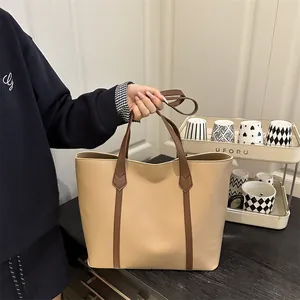 Women Large Capacity Color Block PU Leather Tote Bag Fashion Commuter Single Shoulder Handbag Stitching Autumn Fashion Bag