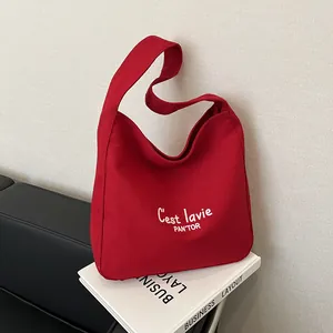 Women Minimalist Canvas Tote Bag Large Capacity Letter Print Daily Casual Shoulder Bag Fashion Handbag