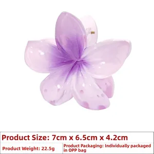 Detail der lila Farbverlauf Blumen-Haarklammer mit Angabe der 7cm Größe und 22,5g Gewicht