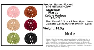 Detail view of colorful flocked bird nest hair clips showing open and closed dimensions