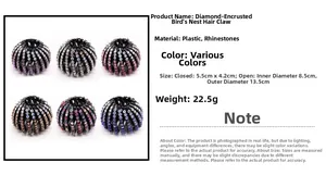 Detailed size chart for the rhinestone bird nest hair claw with dimensions and weight info