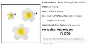 Detaillierter Größenvergleich der weißen und gelben Plumeria-Haarspangen in drei Größen