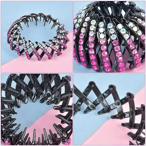 Expandable bird nest hair clip with pink rhinestones for versatile messy bun styling