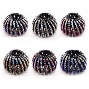 Set of 6 rhinestone bird nest hair clips in various gradient colors for ponytail styling