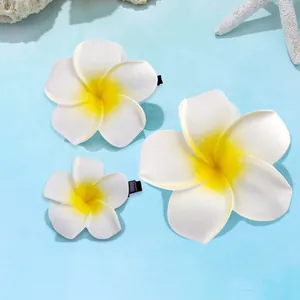 Drei weiße und gelbe Plumeria Haarklammern auf blauem Strandhintergrund mit Seestern