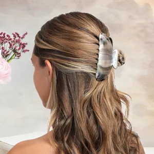 Gray and black marble pattern hair claw clip for elegant women ponytail hairstyle