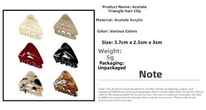 Detail showing various colors of small acetate triangle hair claws with 3.7cm measurements