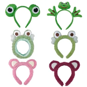 Set of 6 cute frog and animal plush headbands for face washing and skincare routines
