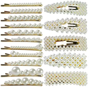 Set di 16 fermagli per capelli con perle e basi in metallo dorato tra cui forcine varie