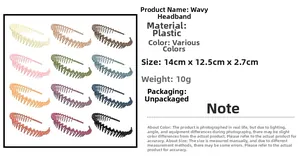 Detail specifications of wave hair hoop set with dimensions and 12 matte color options