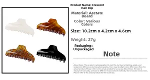 Detail view of acetate crescent hair claw showing dimensions 10.2cm and various colors