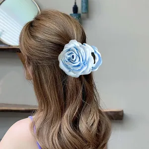 Vue détaillée d'une pince à cheveux rose en tissu bleu sur un chignon élégant