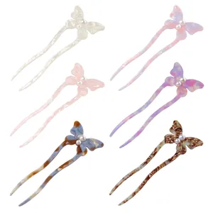 Acetate Butterfly Hair Fork U-Shaped Hair Stick With Faux Artificial Pearl Marble Pattern Hair Accessories For Women Hair Styling