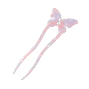 Elegant U-shaped hair pin with purple marble butterfly design and white pearls