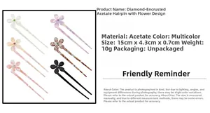 Floral acetate hair fork size guide with dimensions and multi-color product options