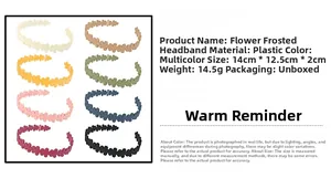 Detailed size specifications for matte flower headbands showing eight color options