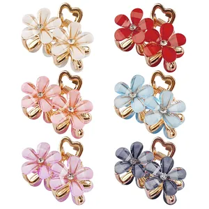 Pince à Cheveux Fleurs en Alliage de Strass pour Femmes Mini Glitter Acrylique Poignée de Coeur Accessoires Cheveux