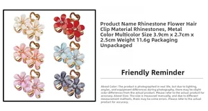 Détails des pinces à cheveux fleurs en strass en six couleurs avec dimensions précises