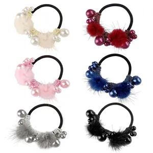 Faux Fur Pom Pom Faux Artificial Pearl Hair Tie High Elastic Rubber Band Scrunchie Sweet Hair Rope Ponytail Holder Hair Accessory For Women