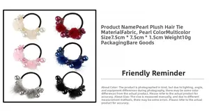 Detail chart of elastic pearl and faux fur pom pom hair ties in six different colors