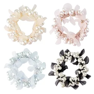 Chouchous Élégants En Tissu Avec Künstliche Perles D'Imitation Et Nœud En Maille Élastiques À Cheveux Fait À La Main Style Coréen Pour Femmes