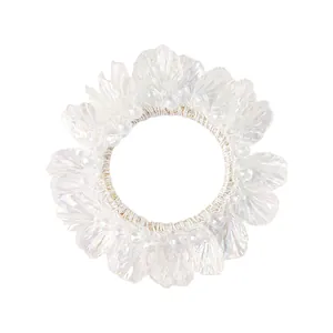 Iridescent white flower hair tie with pearl accents and elastic fabric band