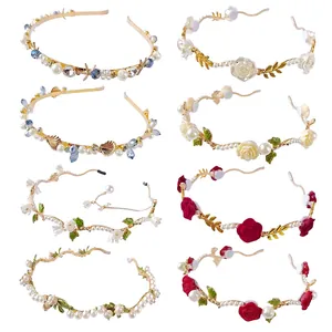 French Retro Flower Pearl Headband Alloy Imitation Pearl Rhinestone Resin Rose Hair Hoop For Wedding Party Women Jewelry