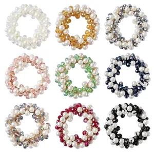 Elegant Artificial Pearl Rhinestone Elastic Hair Tie Beaded Ponytail Holder Scrunchies For Women Handmade Hair Accessories Hair Ring Decorative Hair Band
