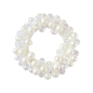 Elegant elastic hair tie with white pearls and clear faceted beads for ponytails