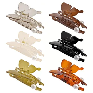 Butterfly Hair Claw Clip With Artificial Pearls Translucent Acrylic Shark Clip Elegant Hair Styling Accessory For Women Hair Ornament