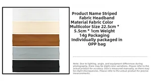 Close-up of elastic striped fabric headbands in various colors with product dimensions