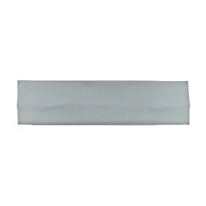 Close-up of light grey blue knitted elastic sports headband with soft ribbed fabric texture