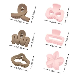 Set of 6 matte mini hair claws in assorted floral and geometric shapes with size labels
