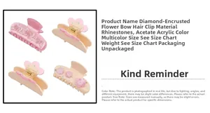 Detail of pink and beige acetate hair claws with rhinestones and floral bow design