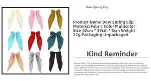 Detailed size specifications for large fabric bow hair clips in nine assorted colors