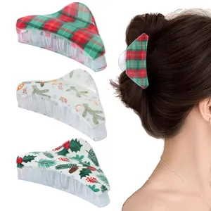 Triangle Printed Hair Claw Clip Christmas Pattern Plaid Tartan Plastic Resin Non Slip Shark Hair Accessory For Women