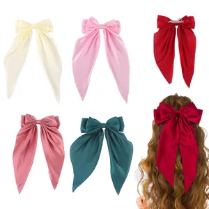 Elegant Satin Bow Hair Clip For Women Large Ribbon Streamers Vintage Spring Clip Silk Texture Hair Accessories