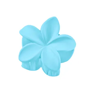 Macro detail of a light blue matte frangipani hair claw clip with sturdy grip teeth