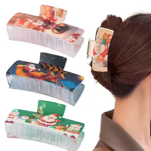 Christmas Printed Large Rectangular Hair Claw Clips For Women Santa Reindeer Snowman Pattern Plastic Resin Shark Clips Holiday Hair Accessories