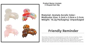 Detailed size specifications of C-shaped acetate hair claw clips in four colors