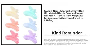 Detailed size specifications for a 9cm hollow butterfly hair claw in multiple colors
